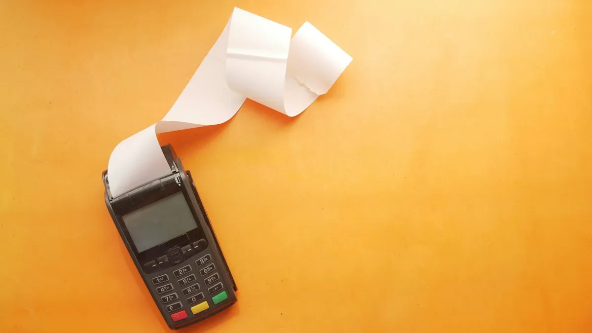 A payment terminal with a very long receipt coming out of it