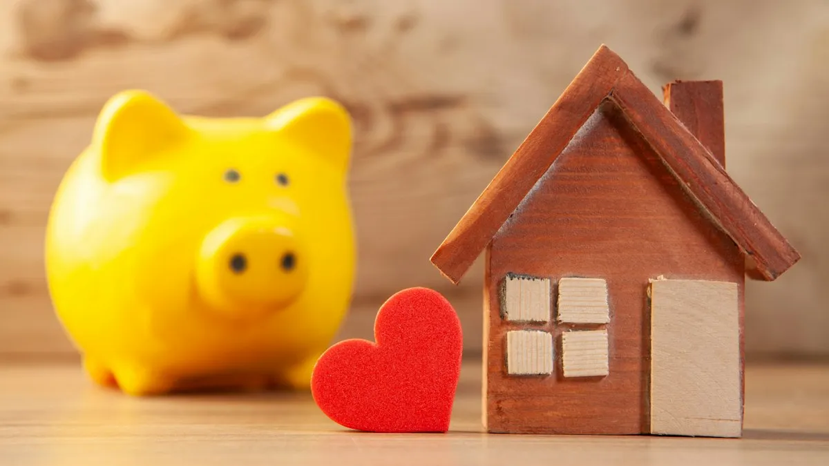 A yellow piggy bank next to a small wooden house and a red heart