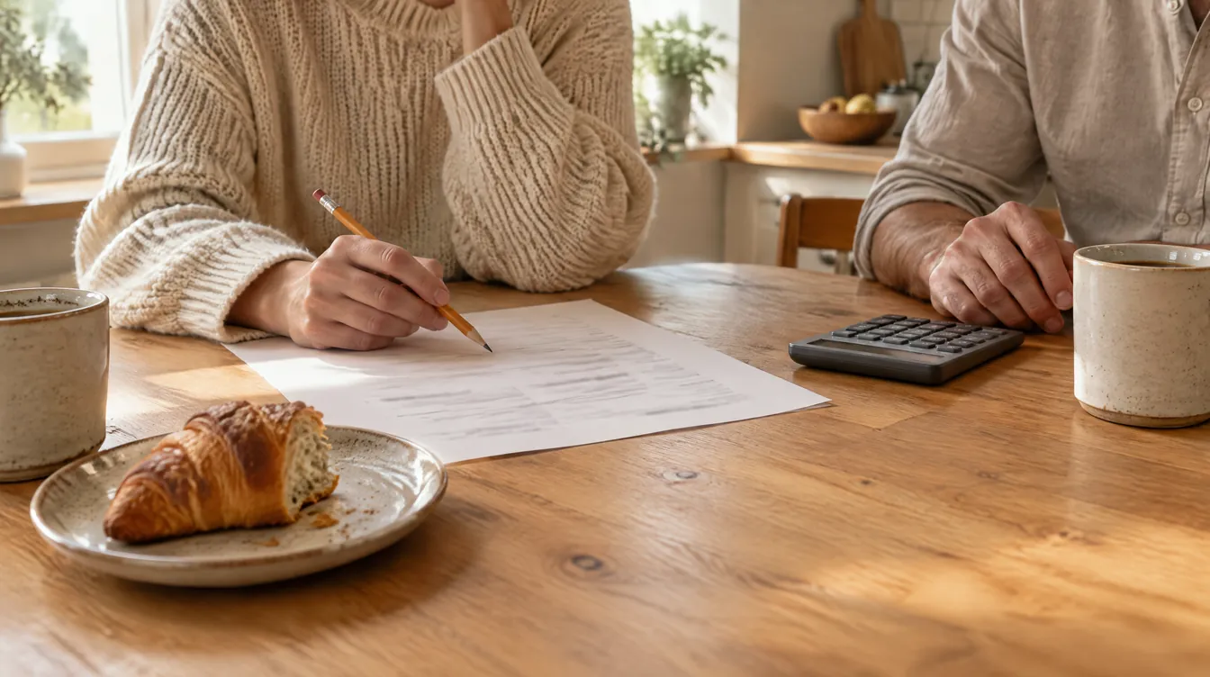 Deux mains sur une table de cuisine en bois : l’une tient un crayon au-dessus d’une feuille, l’autre est posée près d’une calculatrice et d’un café.
