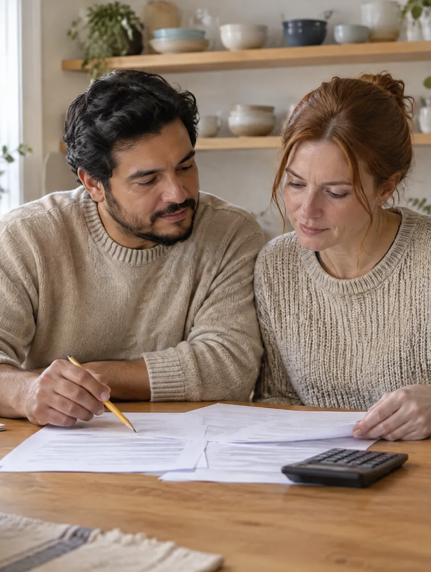 Un couple révise des documents à la table de la cuisine, avec un crayon et une calculatrice.