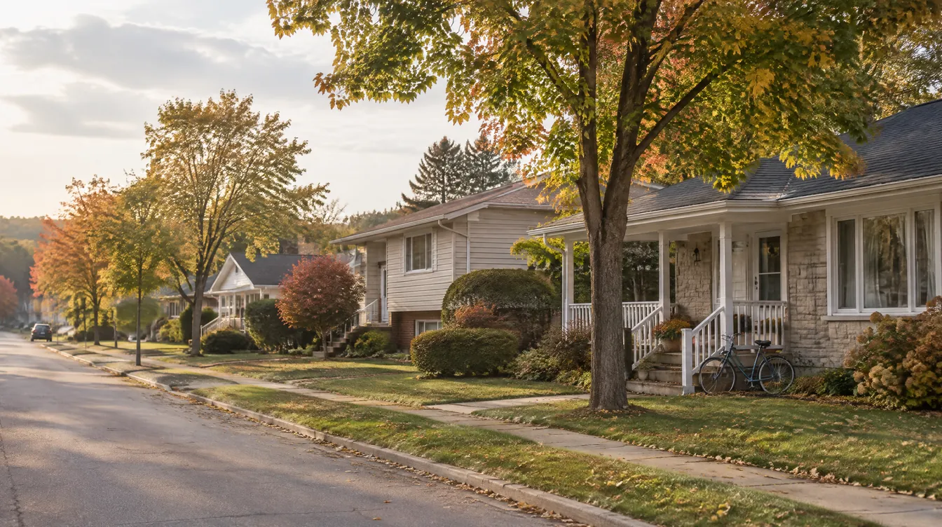 Une rue de banlieue au Québec au début de l’automne : bungalows, pelouses et érables qui changent de couleur.