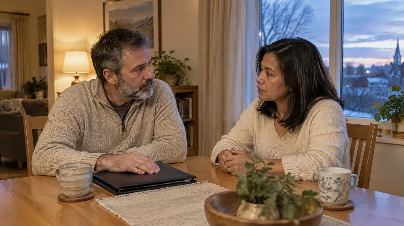A couple talks calmly at the dining room table in the evening, one hand resting on a closed folder.