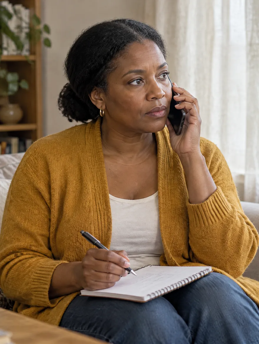 A woman on the phone, sitting on a sofa, listens carefully and takes notes in a notebook.