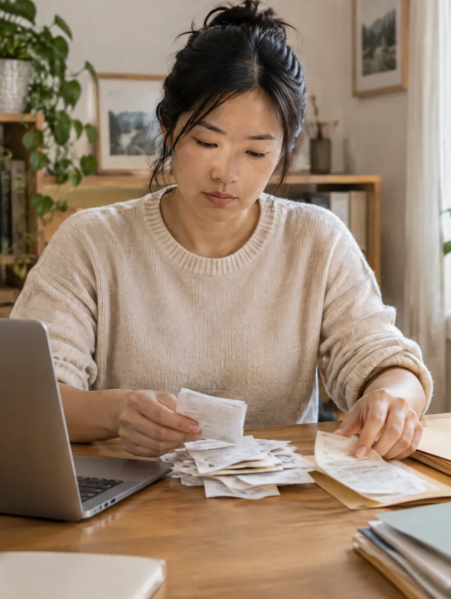 A self-employed woman sorts receipts into folders at her home office desk, next to her laptop.