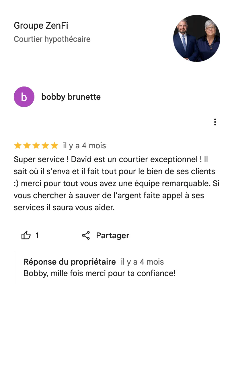 Avis Google de Bobby Brunette sur le Groupe ZenFi