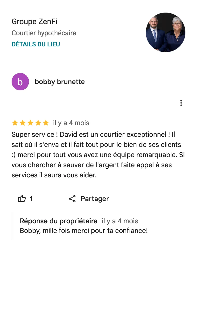 Avis Google de Bobby Brunette sur le Groupe ZenFi