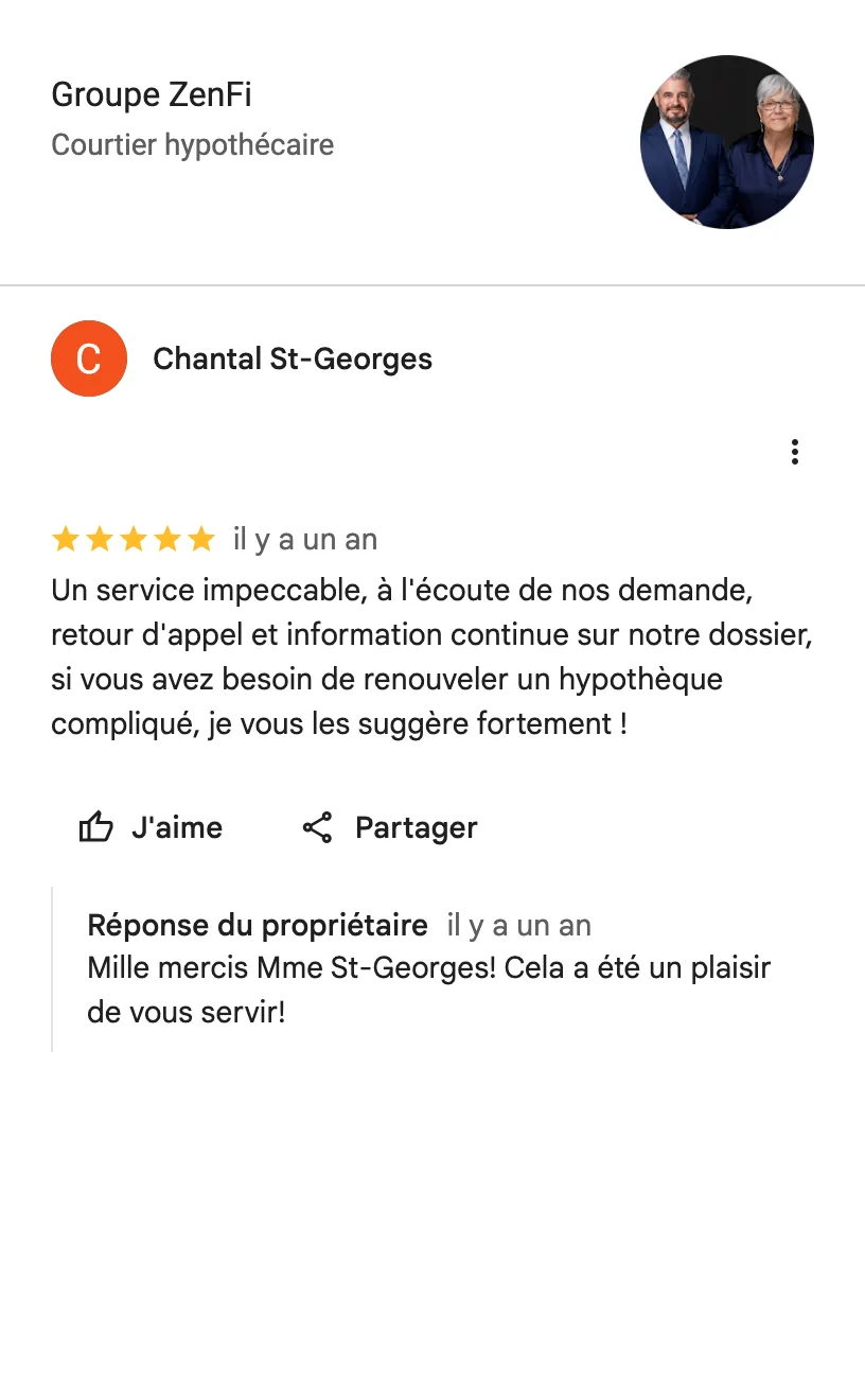 Avis Google de Chantal St-Georges sur le Groupe ZenFi