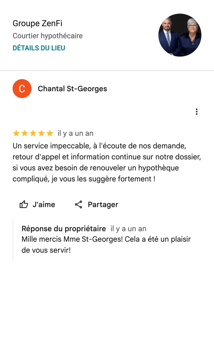 Avis Google de Chantal St-Georges sur le Groupe ZenFi