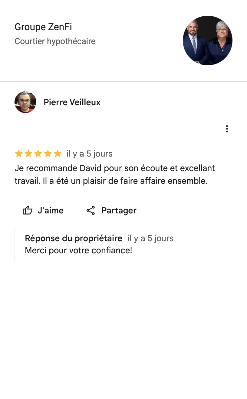 Avis Google de Pierre Veilleux sur le Groupe ZenFi