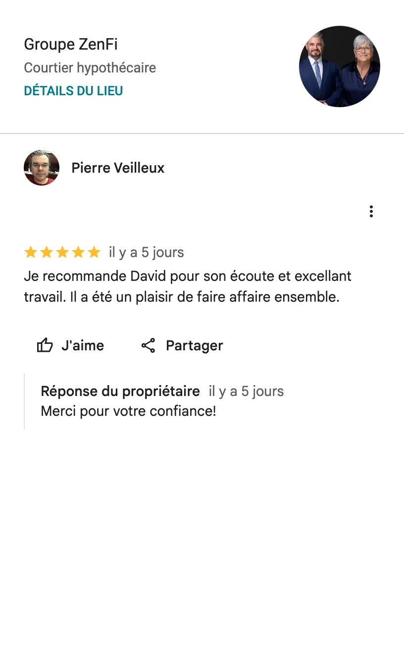 Avis Google de Pierre Veilleux sur le Groupe ZenFi