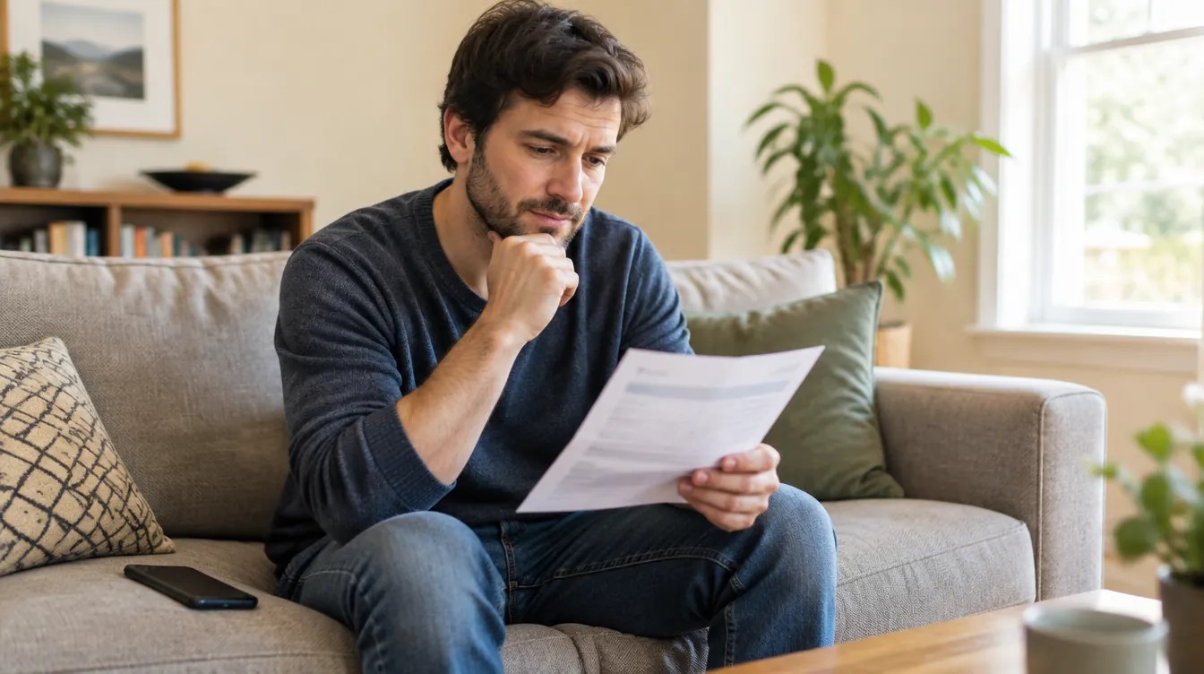Un homme assis sur un sofa lit son relevé de carte de crédit.