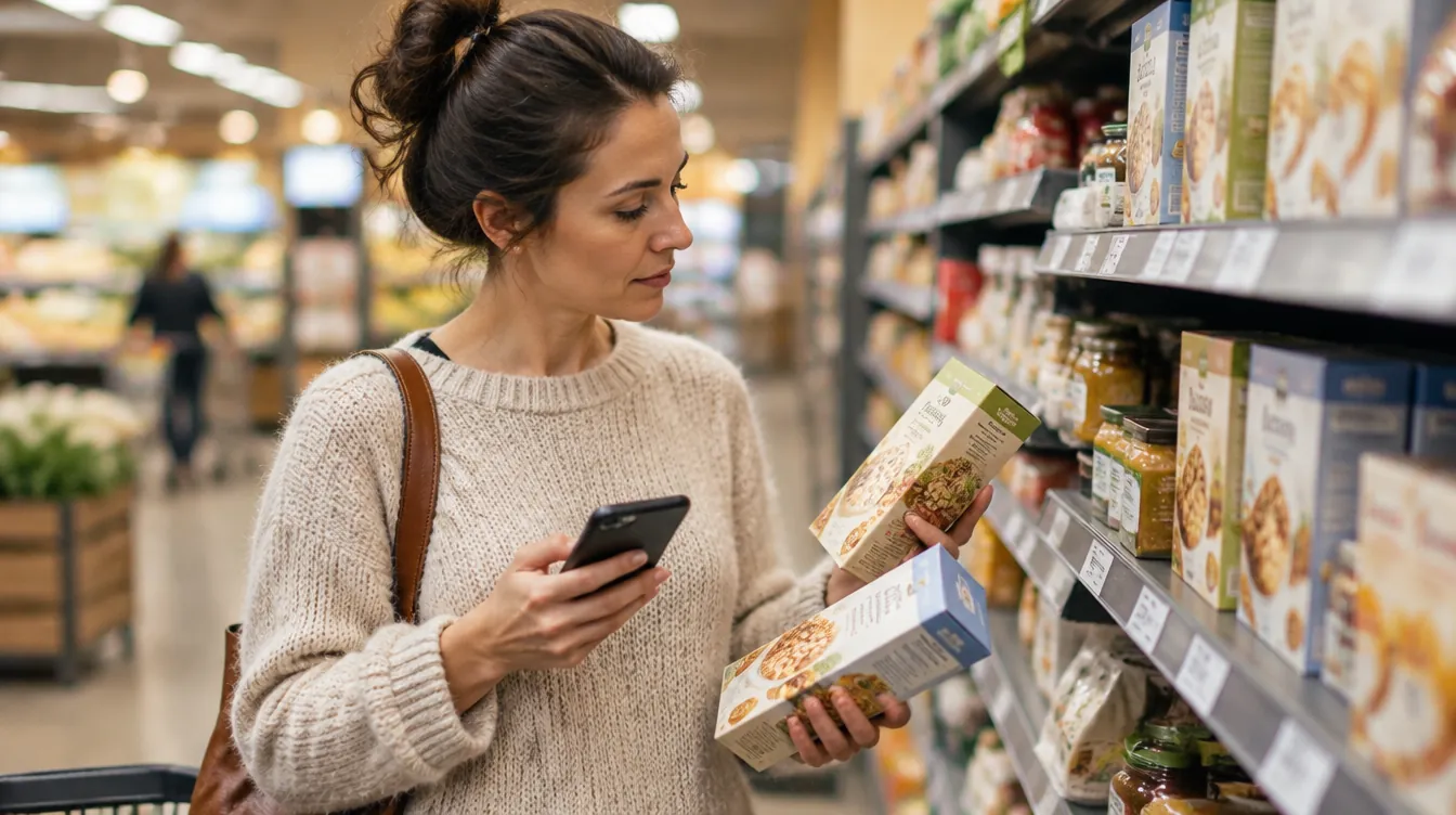 Une femme compare deux produits dans une allée d’épicerie, son téléphone à la main.