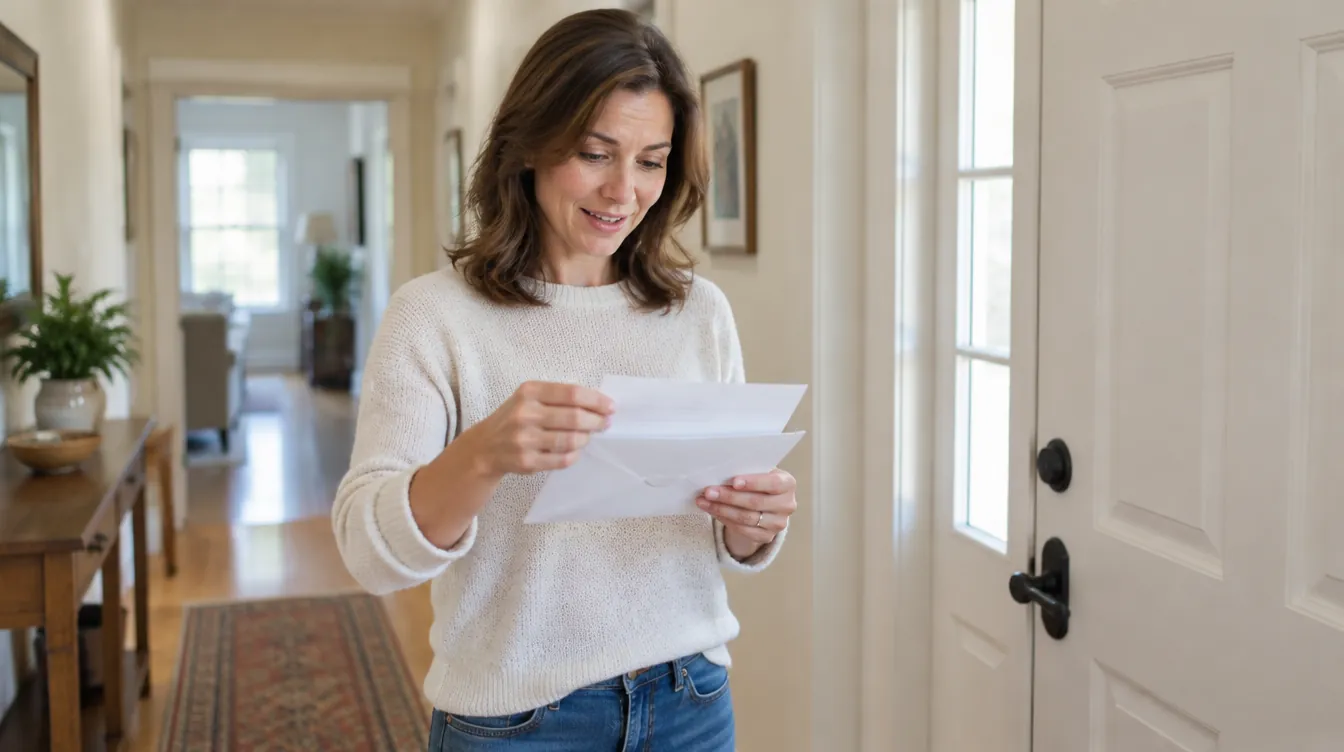 Une femme ouvre son courrier près de la porte d’entrée.